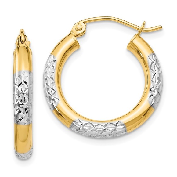 14k Yellow Gold & Rhodium Diamond-cut 3x20mm Hoop Earrings 20 L x 3 mm W